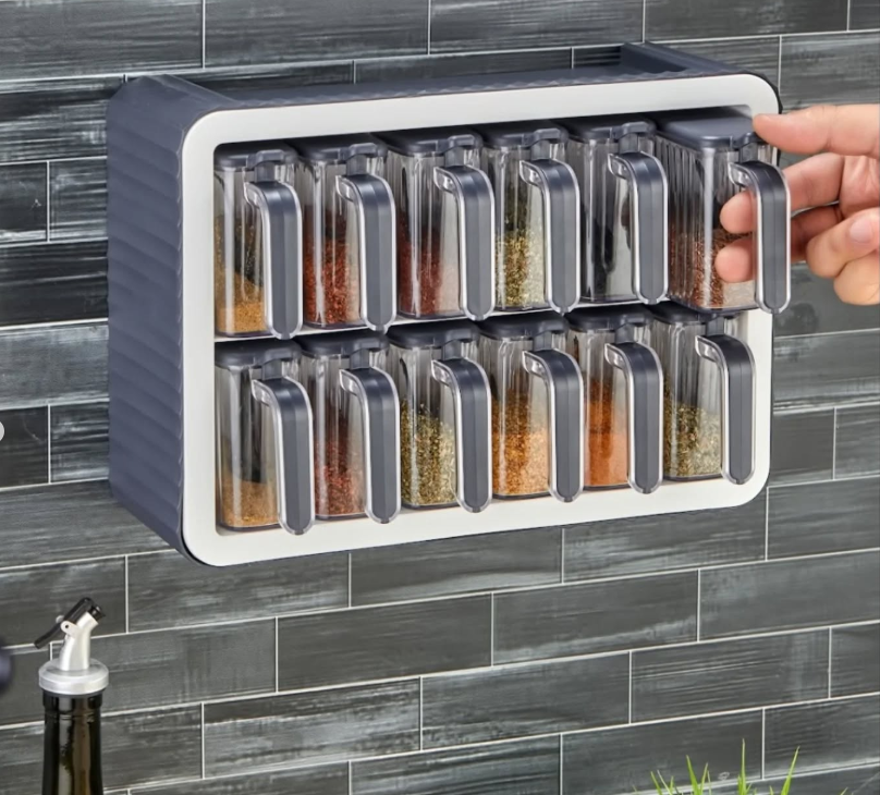 12 Pièces Ensemble de Bocaux à Épices Autocollants avec Support, Couvercles et Cuillères - Bocaux à Épices avec Poignée et Étiquette